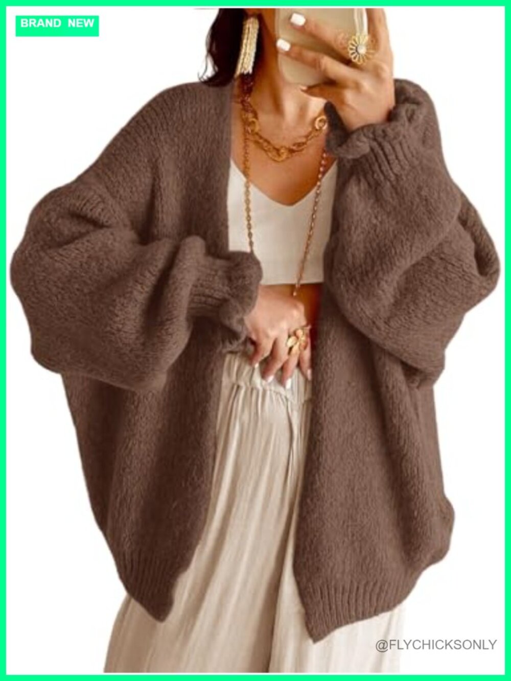 Oversized Chunky Knit Open Front Cardigan Lantern Sleeve Fall Layer
